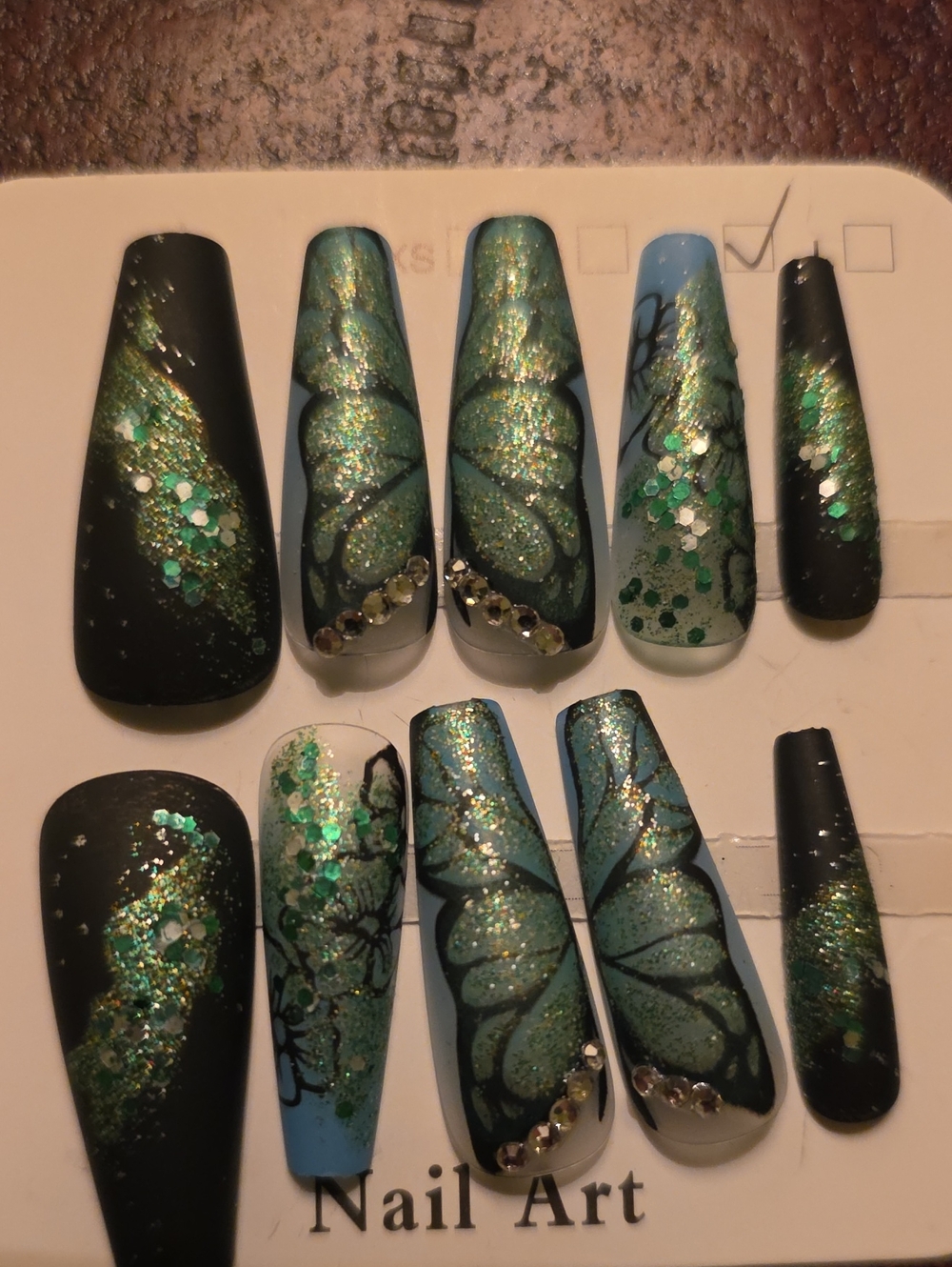Handcrafted Green Glitter Butterfly Nail Tips Size Med